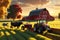 Cows Grazing in a Golden Hour-Lit Pasture, Traditional Red Barn in the Background, a Tractor Plowing