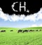 Cows grazing on pasture and CH4 text from clouds. Methane emissions concept from livestock