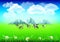 Cows on green field realistic vector background