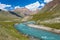 Cows pasturing near turquoise river, Tien Shan