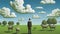 Cows And Sheep In Optical Illusion Painting Style With Man In Suit And Clouds