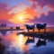 Cows in Sunset - Tranquil Scene in Yellow Meadow with Water Lake