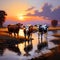 Cows in Sunset - Tranquil Scene in Yellow Meadow with Water Lake