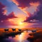 Cows in Sunset - Tranquil Scene in Yellow Meadow with Water Lake