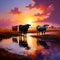 Cows in Sunset - Tranquil Scene in Yellow Meadow with Water Lake