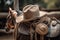 cowwboy hat and rope hanging from saddle of galloping cowboy