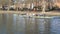 Coxed eights boats sculling on a river.