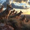 Coyot family standing in front of the camera in the rocky plains with setting sun.