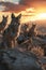 Coyot family standing in front of the camera in the rocky plains with setting sun.