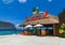 Cozumel, Mexico - May 04, 2018: The bar or cafe at Cozumel port during one of the Western Caribbean cruises