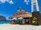 Cozumel, Mexico - May 04, 2018: The bar or cafe at Cozumel port during one of the Western Caribbean cruises