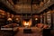 Cozy Ambiance of an Old English Library with Towering Bookshelves and a Crackling Fireplace