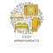 Cozy appartments hand draw cartoon vector icon concept. Bed, towel and food attributes about hotel and resorts in circle