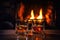 Cozy atmospehere with two whiskey glasses against the fireplace. Created with Generative AI technology