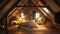 Cozy attic bedroom featuring wooden beams and warm, inviting lighting ambiance. 3d background room