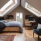 A cozy attic bedroom with sloped ceilings and skylights3