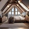 A cozy attic bedroom with sloped ceilings and skylights3