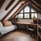 A cozy attic bedroom with wooden beams and a cozy reading corner2