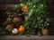 Cozy autumn background with pumpkins, rustic ceramics jugs