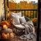 Cozy autumn balcony decor, warm fall city balcony decor with chair and pillows, pumpkins, yellow leaves and candles