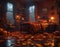 Cozy autumn bedroom interior. Amber leaves, soft lights, pumpkins in the darkness of a rainy night. Concept of Halloween