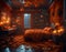 Cozy autumn bedroom interior. Amber leaves, soft lights, pumpkins in the darkness of a rainy night. Concept of Halloween