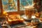 Cozy Autumn Breakfast Scene with Coffee and Toast by the Window with Fall Leaves