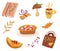 Cozy autumn elements. Pumpkin pie, jazz record, hot drink, cinnamon sticks, autumn leaves and berries. Idea of coziness and