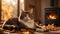 Cozy Autumn Evening: Cat Lounging by the Fireplace