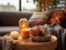 Cozy autumn interior decor arrangement, warm fall home decoration composition, dried flowers in vase