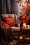 cozy autumn interior in natural tones, armchair blanket candles leaves