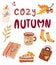 Cozy Autumn items. Herbal tea, pumpkin pie, jazz record, book, knitted socks, candle. Idea of coziness and comfortable lifestyle,