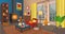 Cozy autumn living room with fireplace, armchair, table, windows, bookshelf,  lamp.Vector illustration in cartoon style.