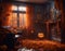 Cozy autumn lounge interior. Amber leaves, soft lights, pumpkins in the darkness of a rainy night. Concept of Halloween