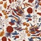 Cozy autumn orange leaves seamless pattern, fowers, pine cone, berries and butterflies, vector vintage hand drawn texture