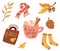 Cozy autumn. Set of cute autumn elements: scarf, knitted socks, warming drink, jazz record, autumn leaves. Idea of coziness and