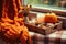 Cozy Autumn Vibes Pumpkins, Cones, and Candles on a Wooden Tray, Blurred Fall Mood Message on Lightbox, Warm Plaid on the