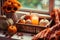 Cozy Autumn Vibes Pumpkins, Cones, and Candles on a Wooden Tray, Blurred Fall Mood Message on Lightbox, Warm Plaid on the