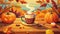 Cozy Autumn Vibes with Steaming Coffee and Pumpkins Illustration