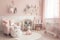 cozy baby room with soft pastel colors, animal motifs and cute plush toys