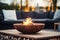 Cozy backyard deck with fire pit And sitting area in winter close-up