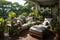 A cozy balcony with a lot of potted plants and comfortable seating