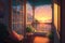 a cozy balcony with a view of the sunrise, colorful sky, and warm rays