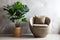 Cozy barrel chair between green houseplants near beige stucco wall. Home interior design of modern living room