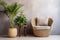 Cozy barrel chair between green houseplants near beige stucco wall. Home interior design of modern living room