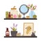 Cozy bathroom shelves. Different cosmetics. Mirror and cotton swabs. Moisturizer creams and lotions bottles. Skin and