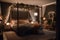 Cozy bedroom interior with mock up poster frame, big bed, beige bedding. Generative AI