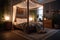 Cozy bedroom interior with mock up poster frame, big bed, beige bedding. Generative AI