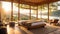 cozy bedroom relaxing eco plant in nature, river windows idyllic luxury decoration
