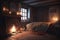 a cozy bedroom, with a warm fire in the fireplace and soft music playing